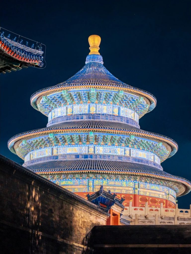 The Hall of Prayer for Good Harvests lit up