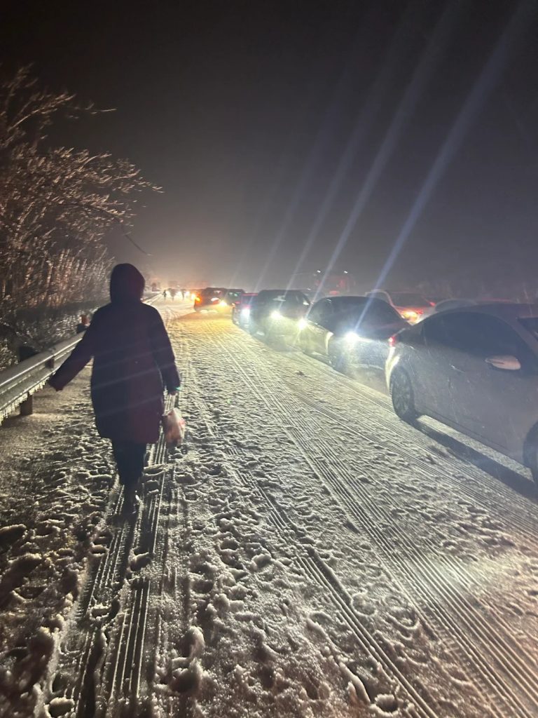 Stuck on the highway in the freezing snow